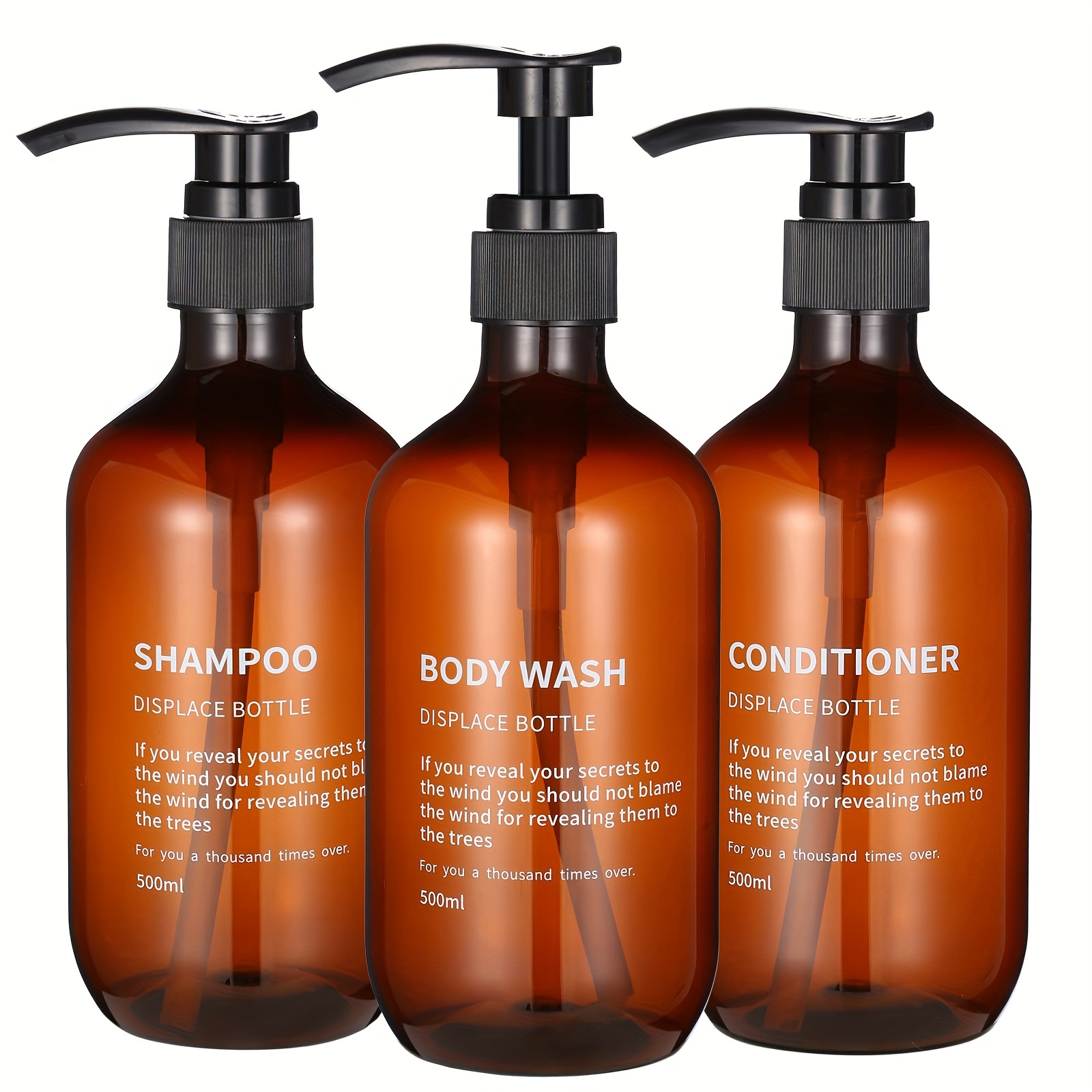 

3 Pack 500ml/16 Oz Waterproof Shampoo And Conditioner Dispenser Set With Reusable Pump Bottles For Bathroom - Amber Color With Printed Label - Perfect For Shower Soap, Body Wash, And Hair Care