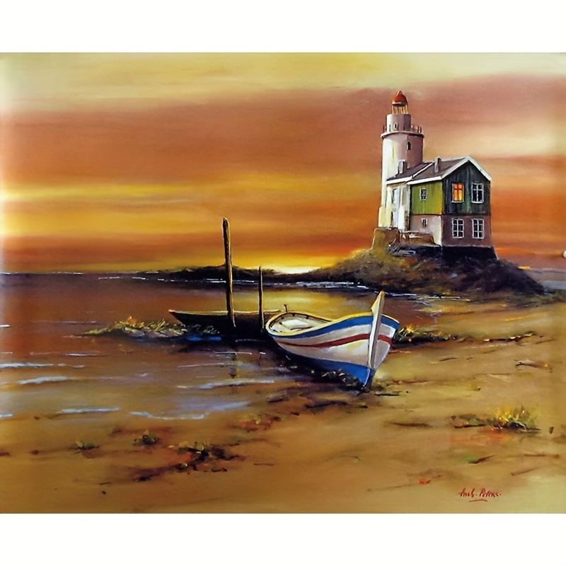 Diamond Painting Seaside Lighthouse Small Boat Design Embroidery