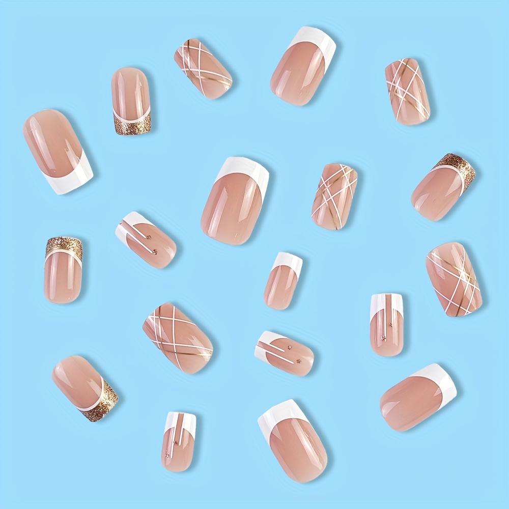 24pcs Glitter Press On Nails with Line + Nail File & Glue