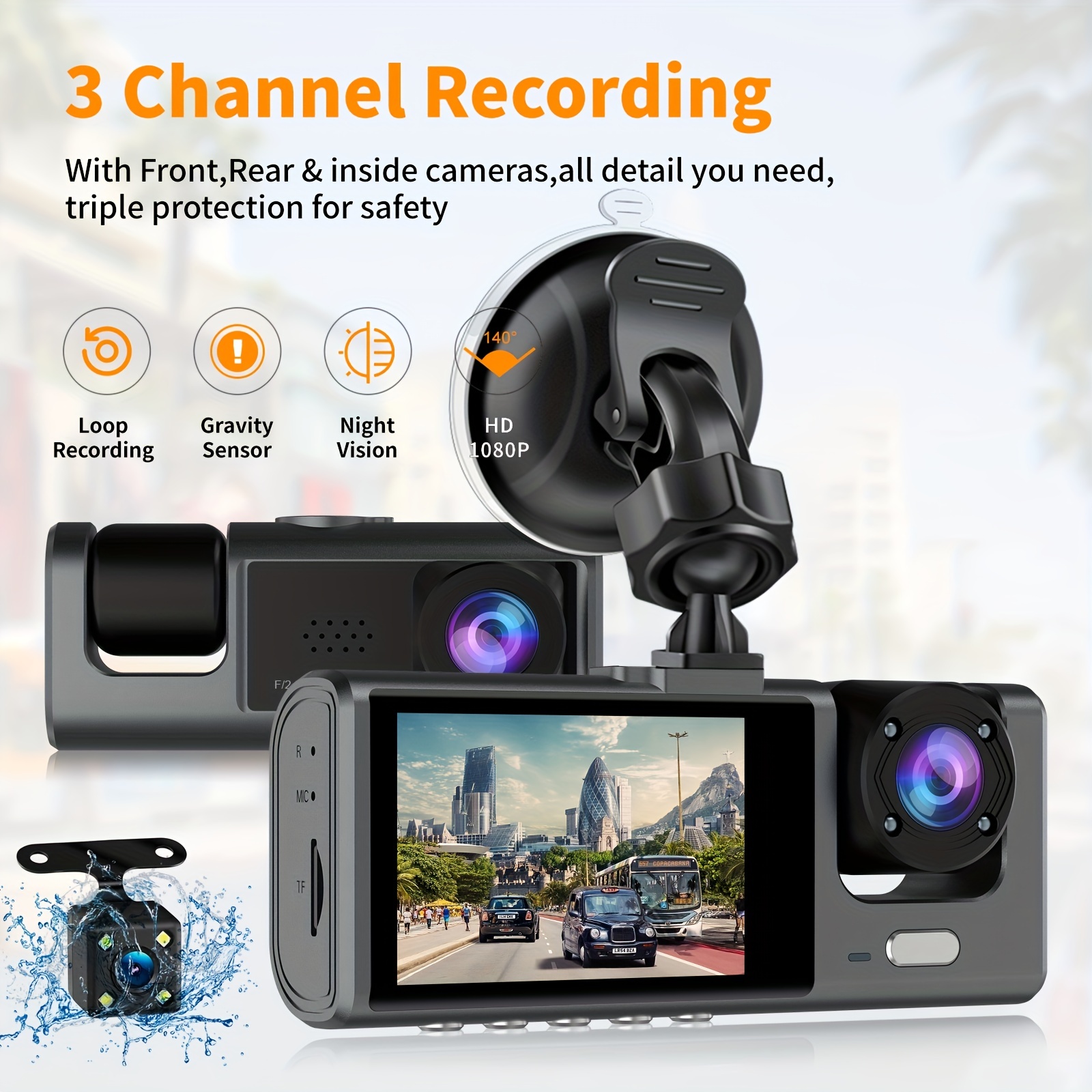 JQVV 3 Channel Dash Cam, 1080P Front and Rear Inside, Dashcam Three Way  Triple Car Camera with IR Night Vision, Loop Recording, G-Sensor, WDR, 24H  Parking Monitor, Support 128GB Max 