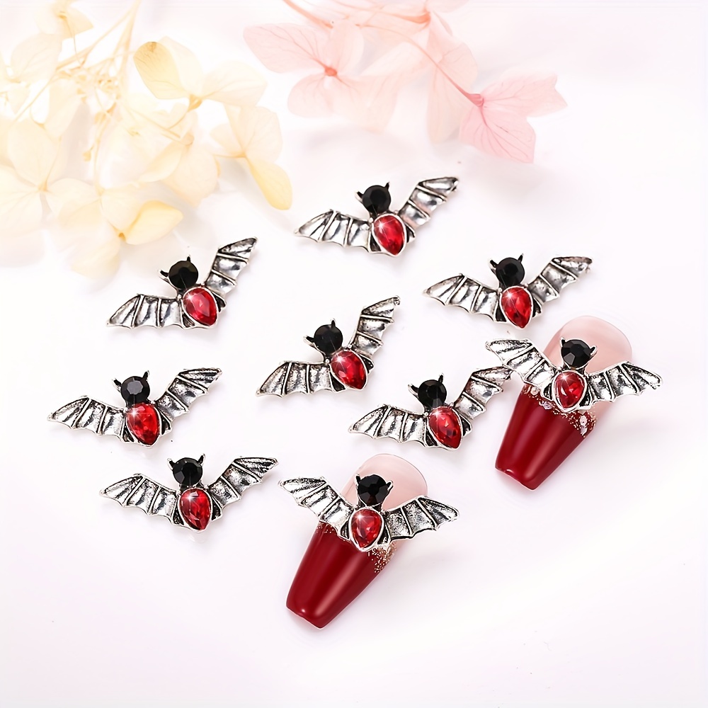 10 Pcs 3D Metal Animal Bat Charm With Red And Black Artificial Gem Cute Nail Accessories For Women Girls Nail Decoration Jewelry Making Crafts