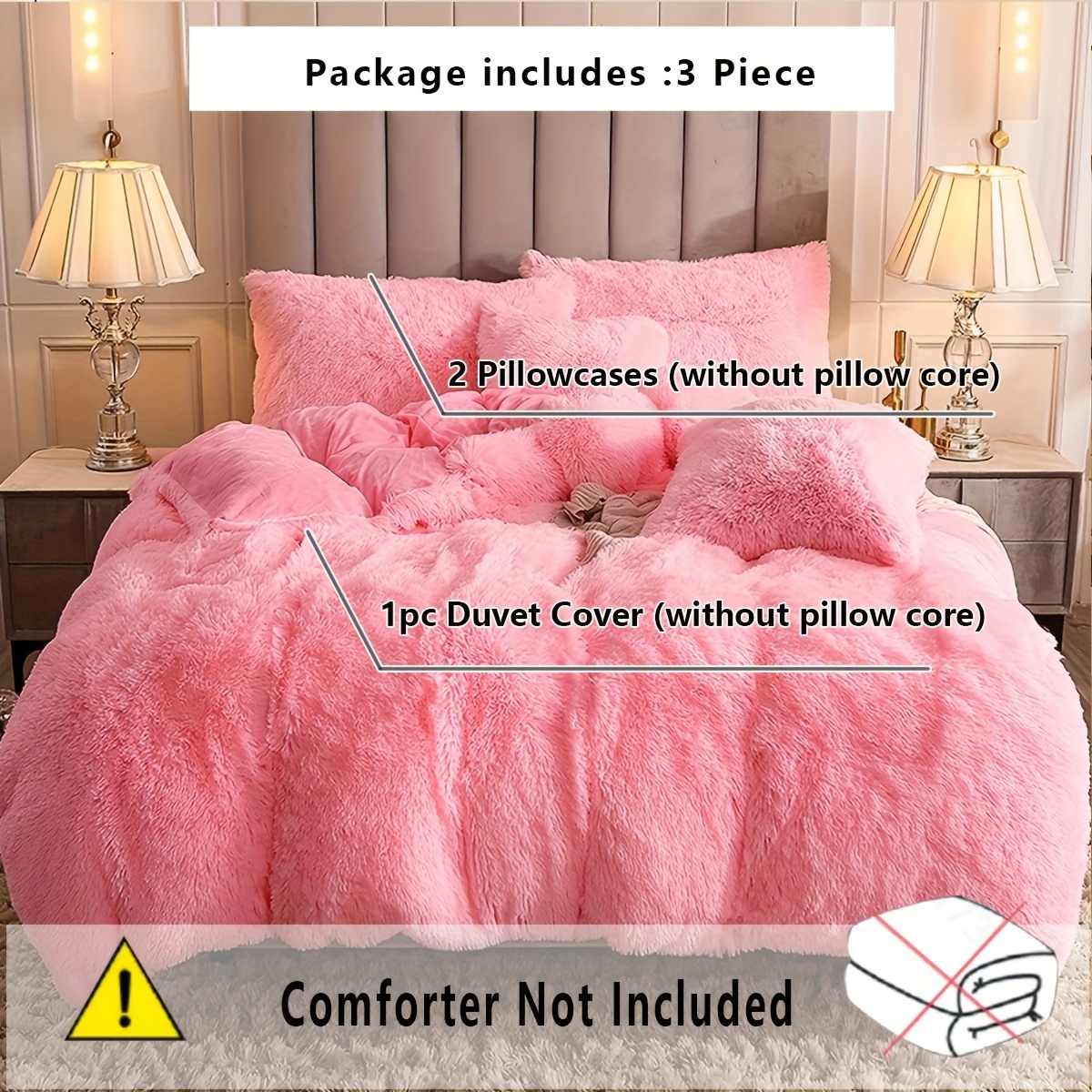 Pink Fluffy Comforter Queen Size with Filler, Soft Faux Fur Plush Comforter  3pcs(1 Plush Comforter +2 Furry Pillow Cases) Quilted Fuzzy Pink