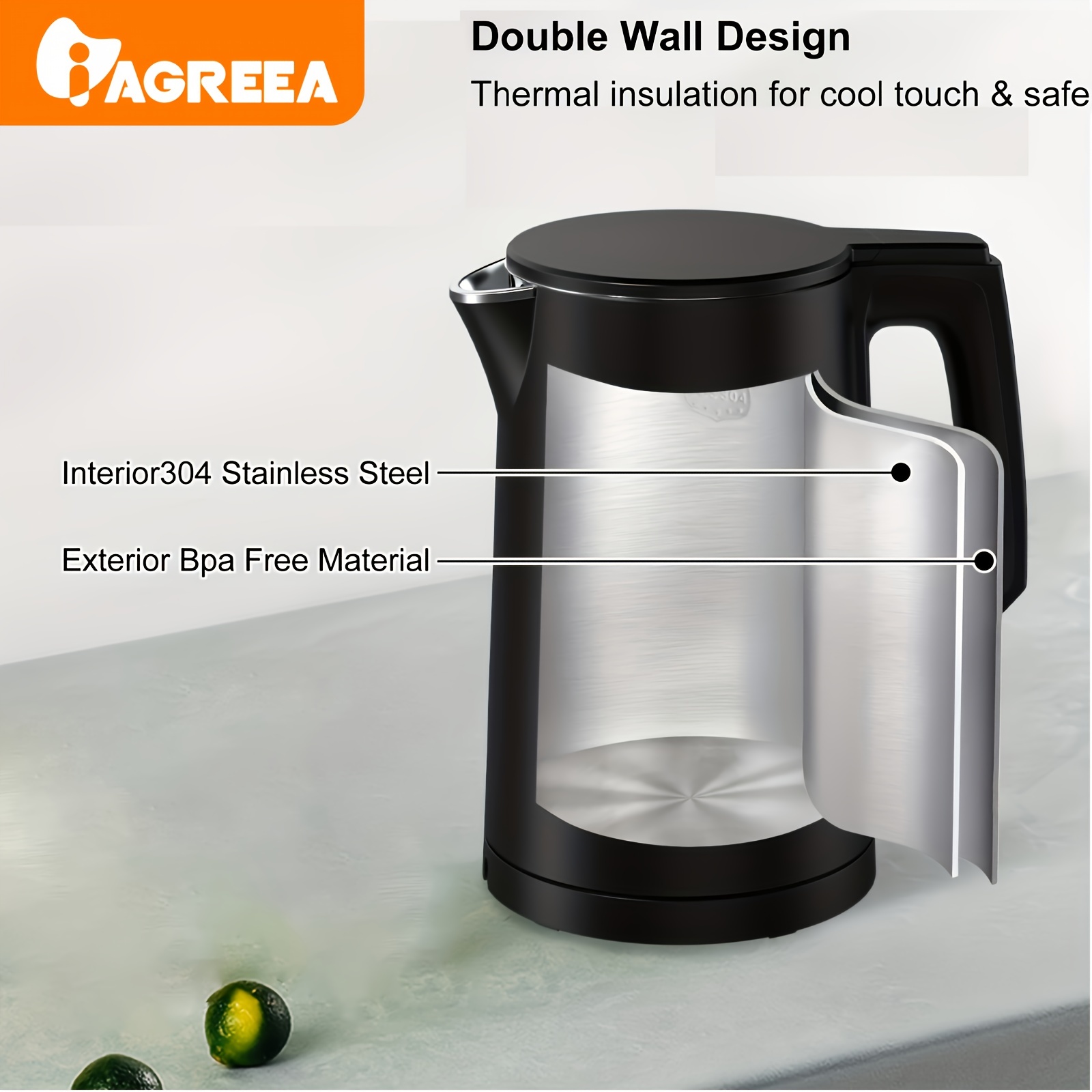 Electric Kettle(BPA Free), Double Wall Water Boiler Heater, Stainless Steel  Interior, Cool Touch Coffee Pot & Tea Kettle, Auto Shut-Off and Boil-Dry