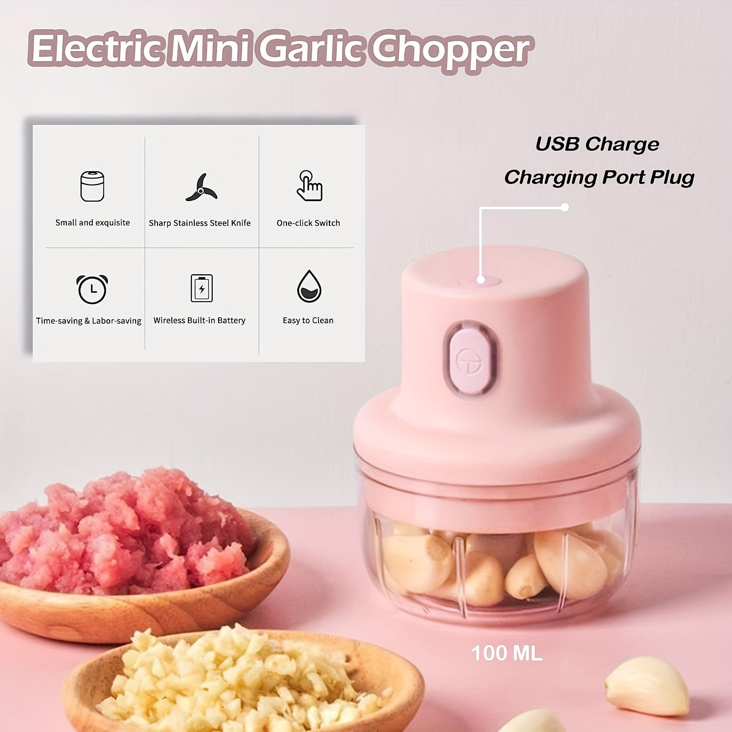 Electric Garlic Chopper Press, 100ML/250ML Garlic Mincer Mini Wireless Food  Chopper Processor for Garlic/Ginger/Chili/Onions