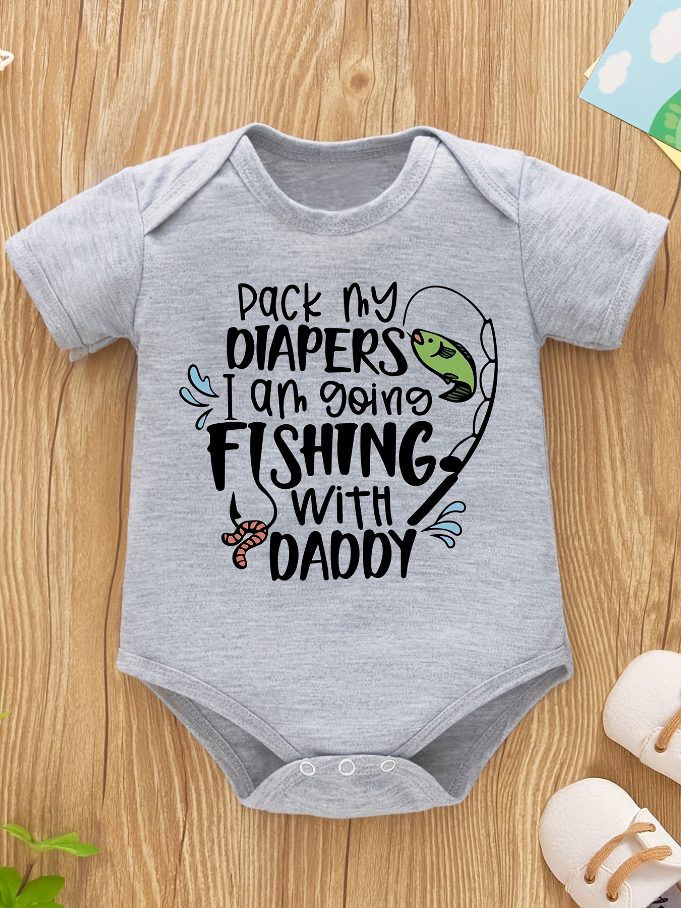 Baby Girls And Boys Cute Pack My Diapers I'm Going Fishing With Daddy Short Sleeve Onesie Clothes For Summer