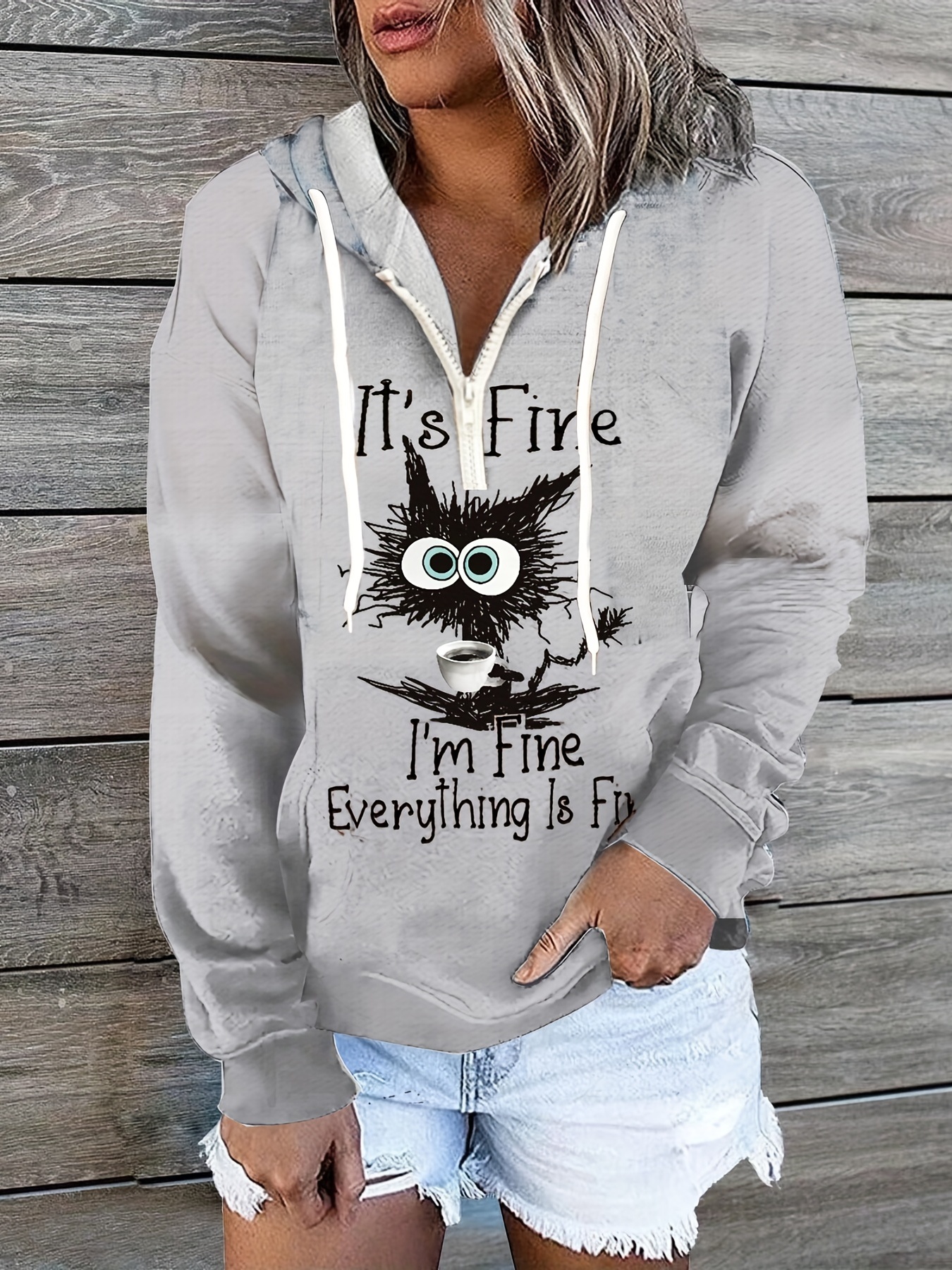 Plus Size Casual Sweatshirt, Women's Plus Funny Cat & Slogan Print