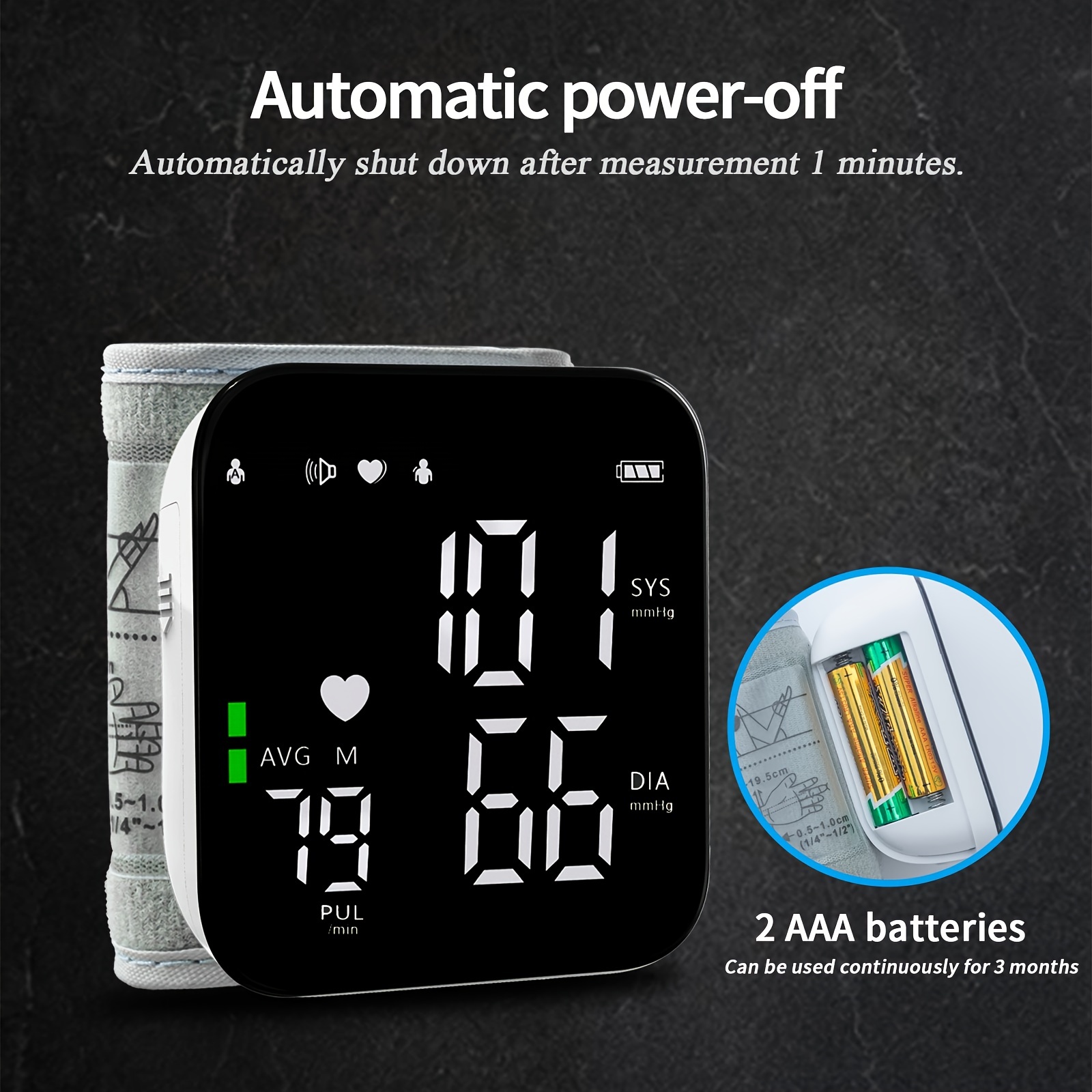 Automatic Wrist Blood Pressure Monitor: Adjustable Cuff + 2AAA