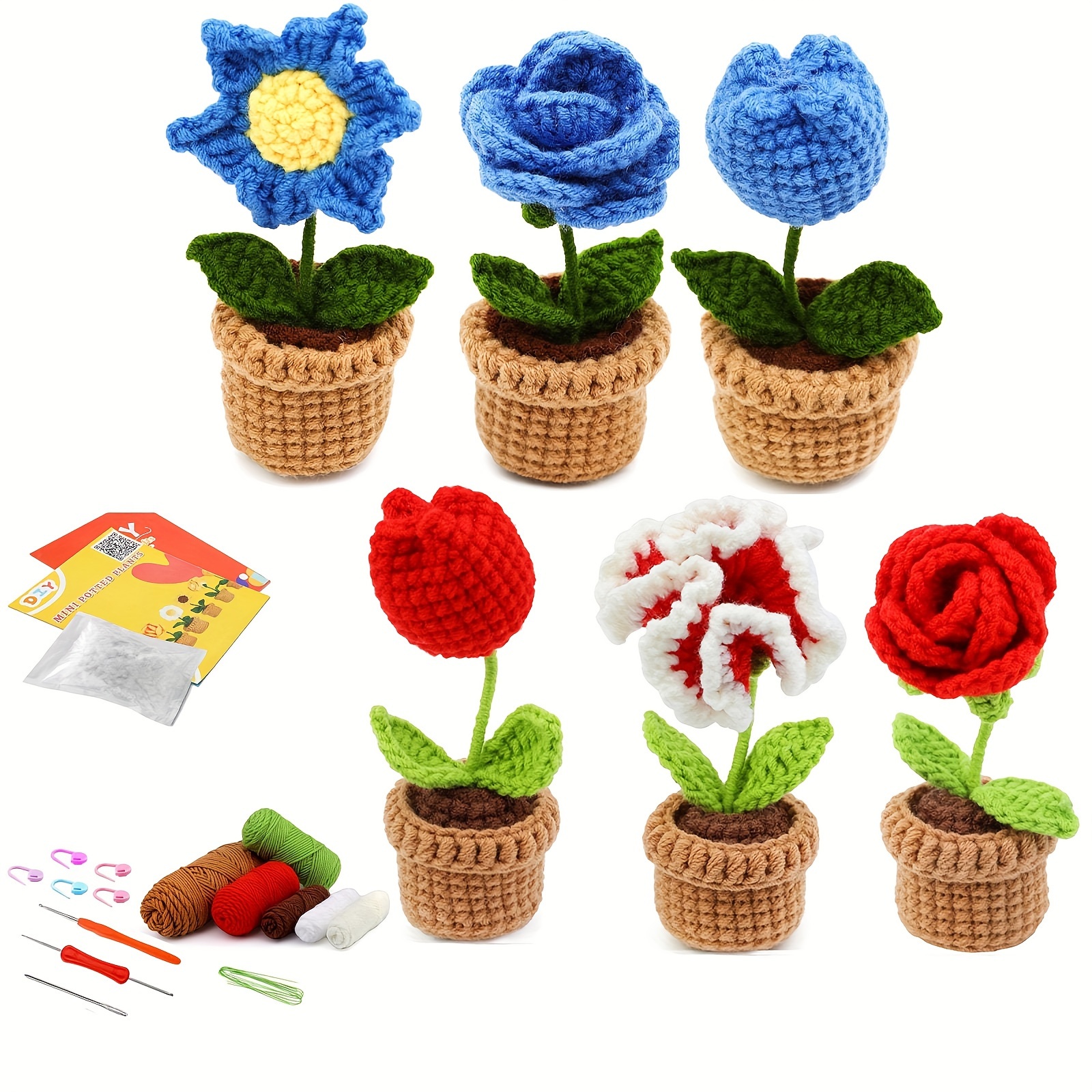 1set Hand-woven Tulip Small Potted Crochet Yarn Set Hand-made DIY Crochet  Knitting Material Package With English Instruction Manual And Teaching Video