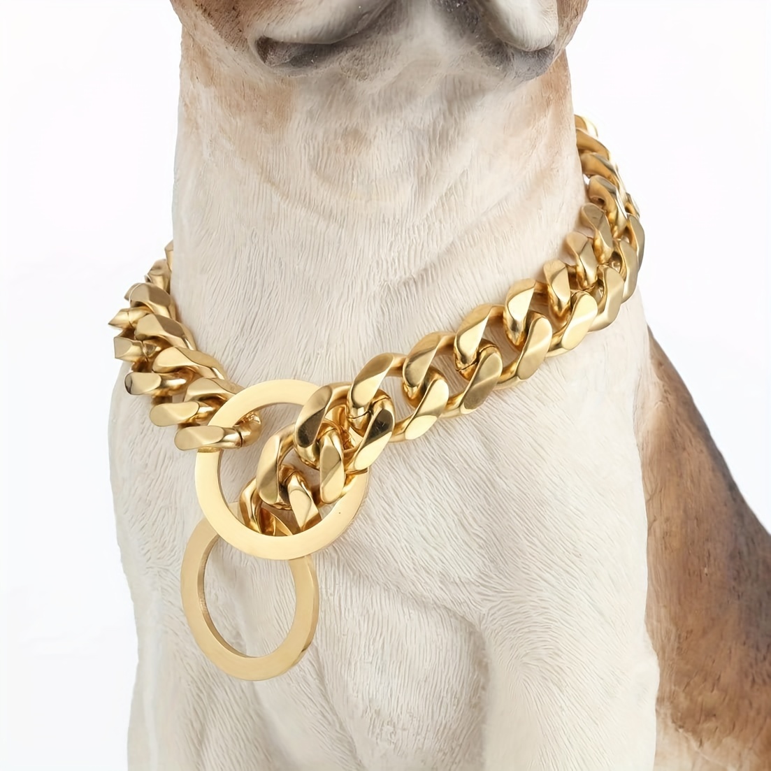 

Luxury Golden-tone Cuban Link Dog Collar - 12mm Stainless Steel, Hand-washable, Small To Medium Breeds