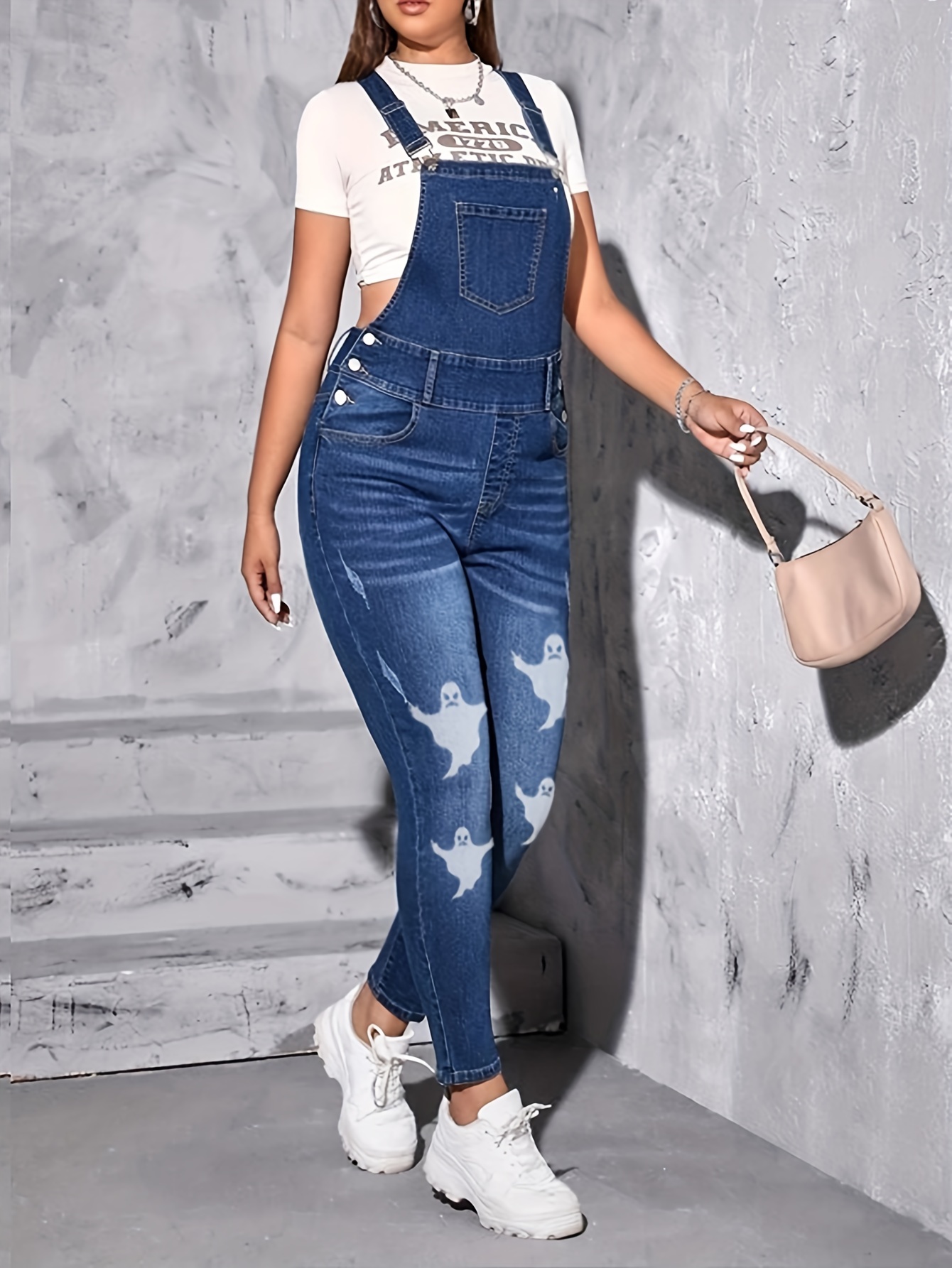 Halloween Ghost Print Whiskering Denim Overalls Stretchy - Temu