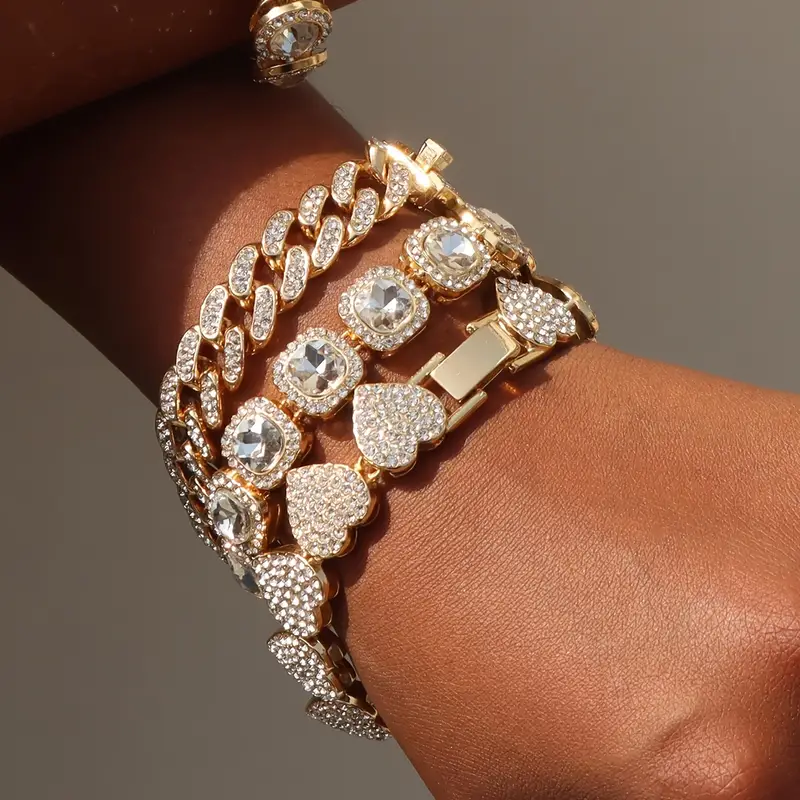 1pc fashion full rhinestone love chain golden silvery bracelet street hip hop style men womens fashion jewelry couple bracelet details 0