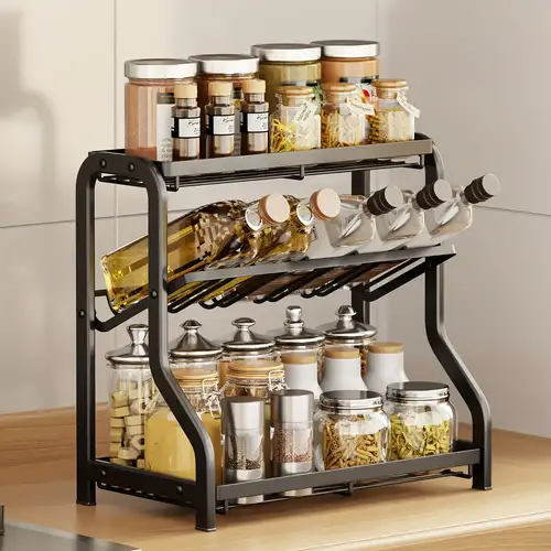 Adjustable Bamboo Spice Rack With 2 Tier Standing Shelf And Under