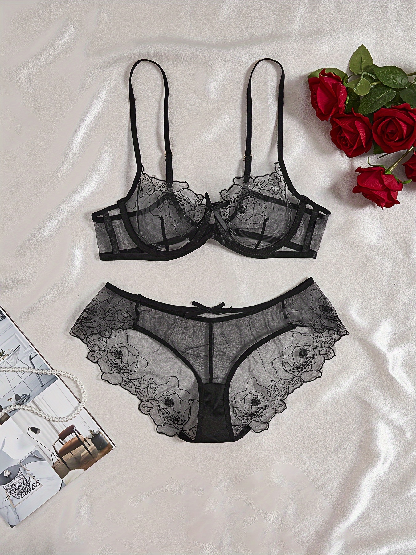 Floral Underwear Set Mesh Transparent Bra Underwear Women's