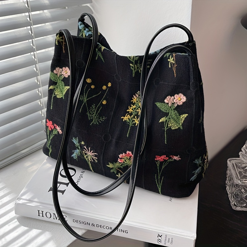 Floral Embroidery Shoulder Bag, Vintage Daily Bucket Bag, Fashion Handbags  For Women