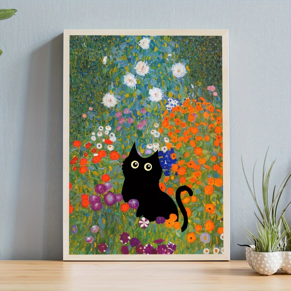 花の群れの小さな黒猫の風景油絵1個、研究、寝室、リビングルームの