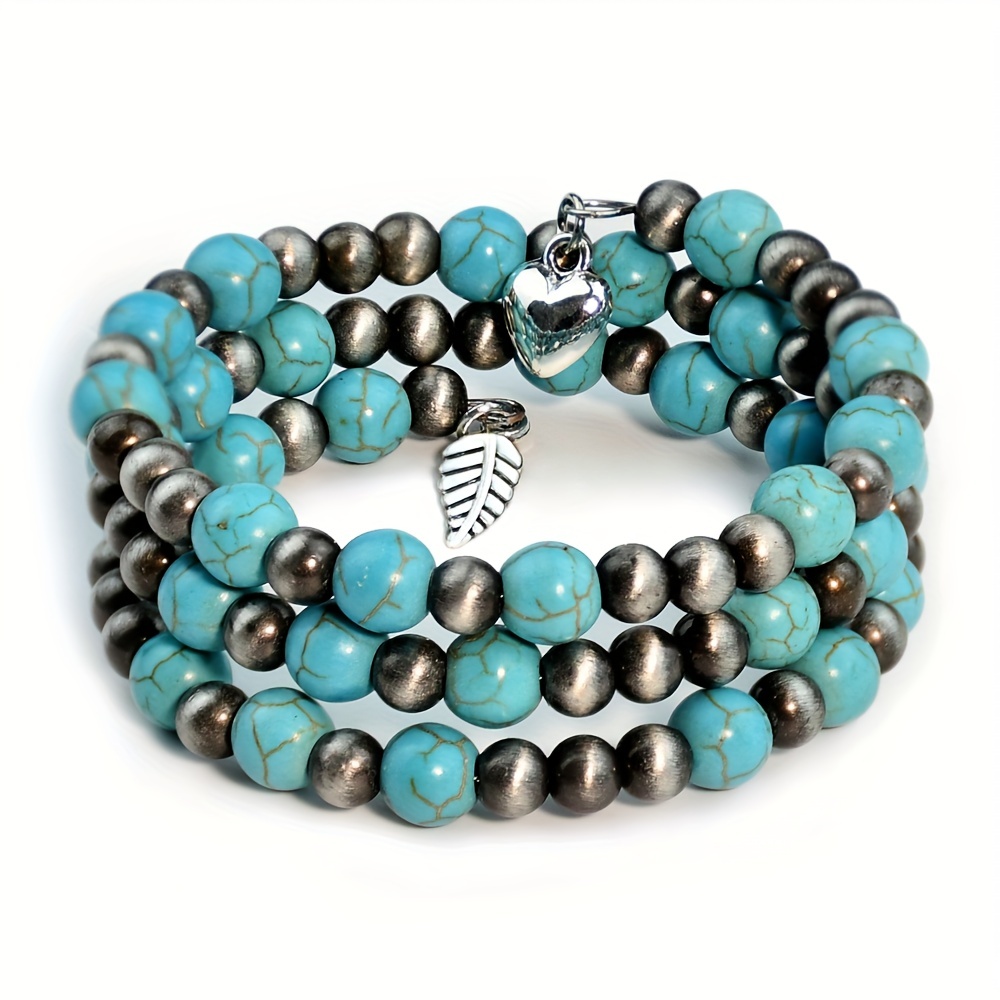 Western Style Vintage Navajo Pearl Red Blue Turquoise Beads Triple Layer Bangle Charms Bracelet for Women,Temu