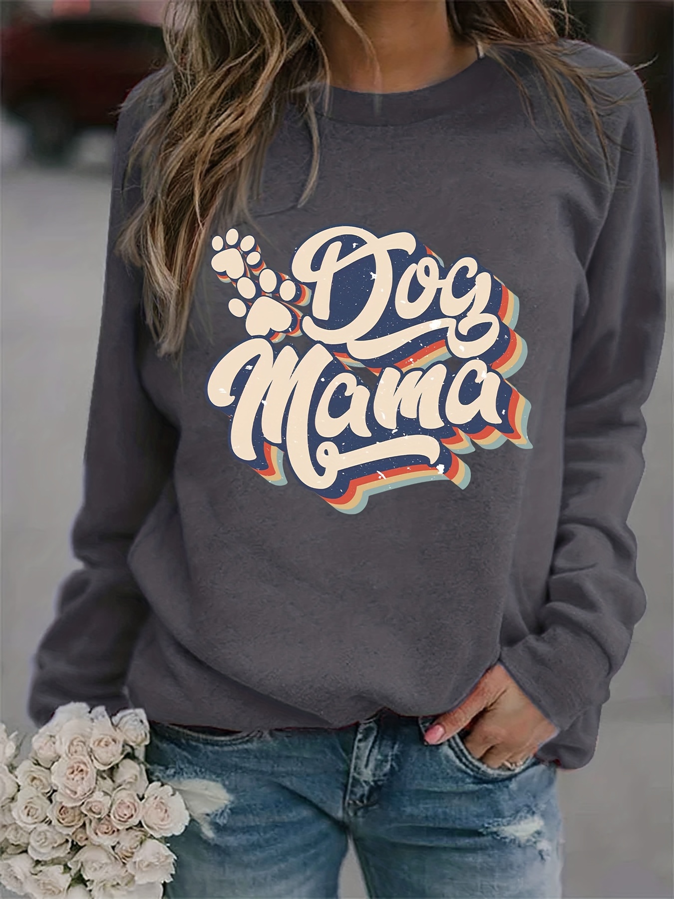 Dog Mama Print Sweatshirt Casual Long Sleeve Crew Neck - Temu Norway