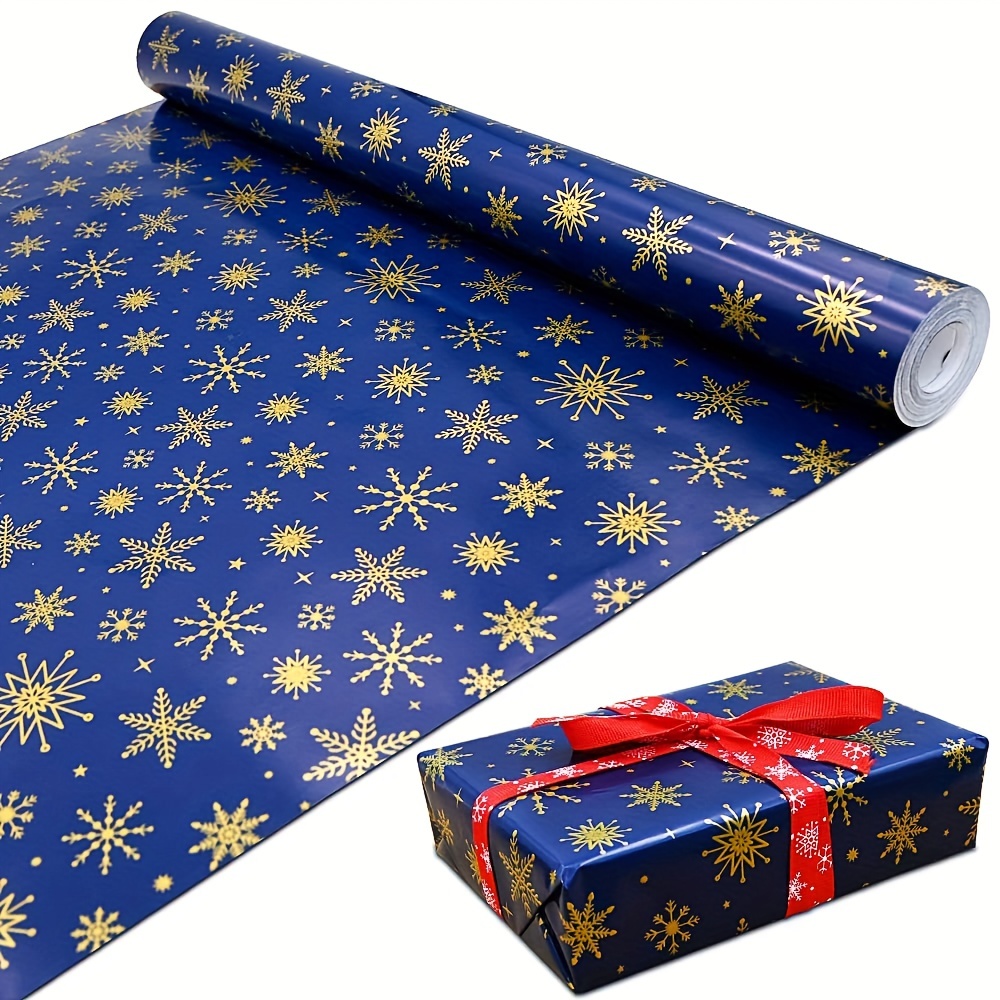 Golden Snowflake Navy Blue Wrapping Paper Roll Golden Star - Temu