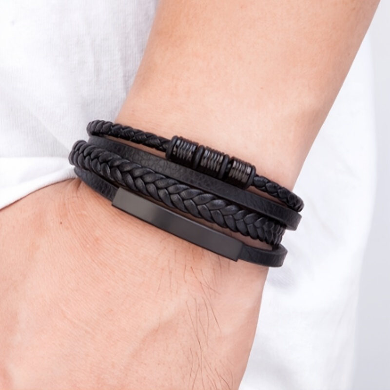 MENS LEATHER BRACELET- SURF SURFER REAL LEATHER BRAIDED WRISTBAND BLACK  BROWN