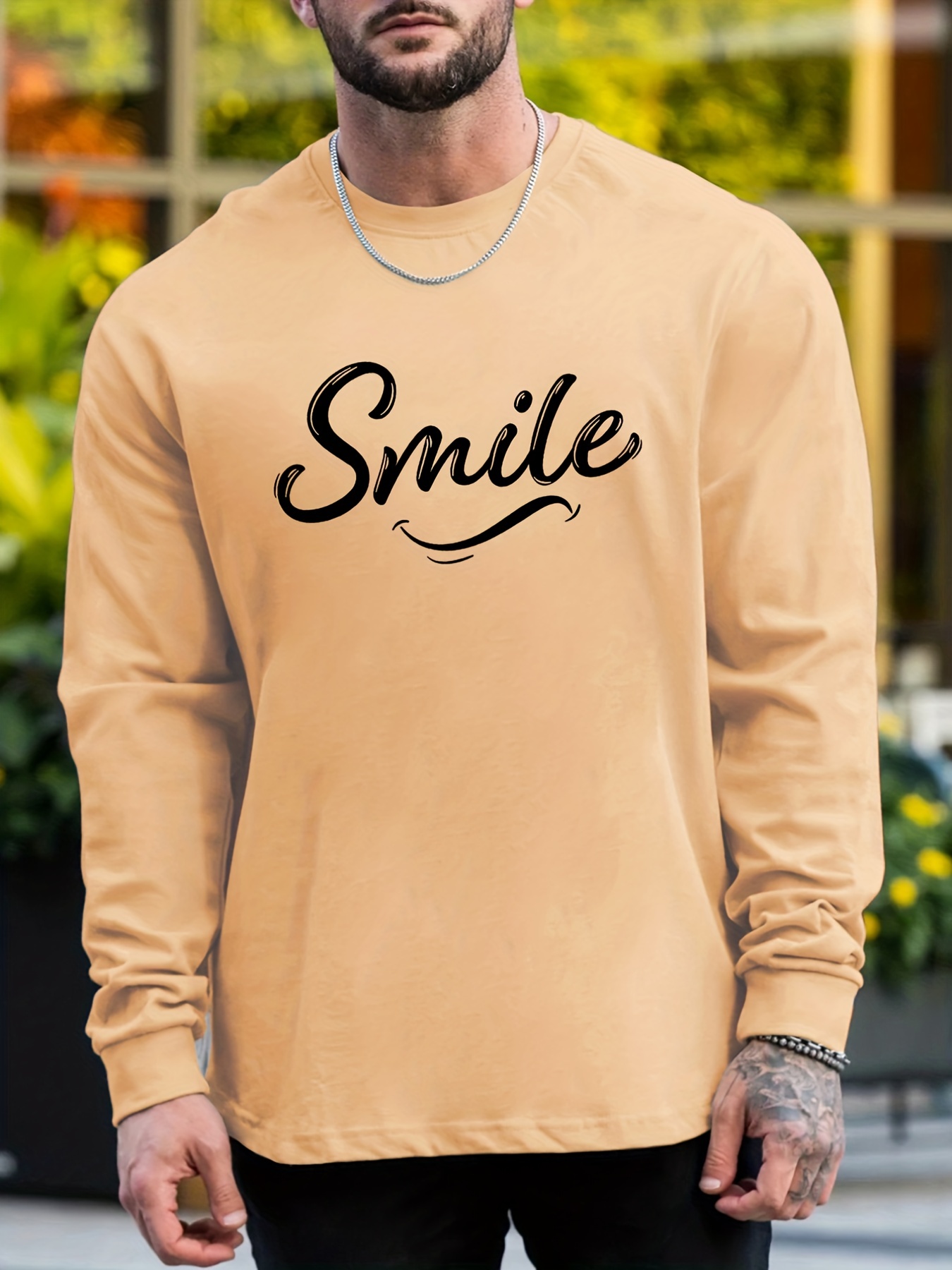 Smile Letter Print Men's Plus Size Long Sleeve Crew Neck - Temu Canada