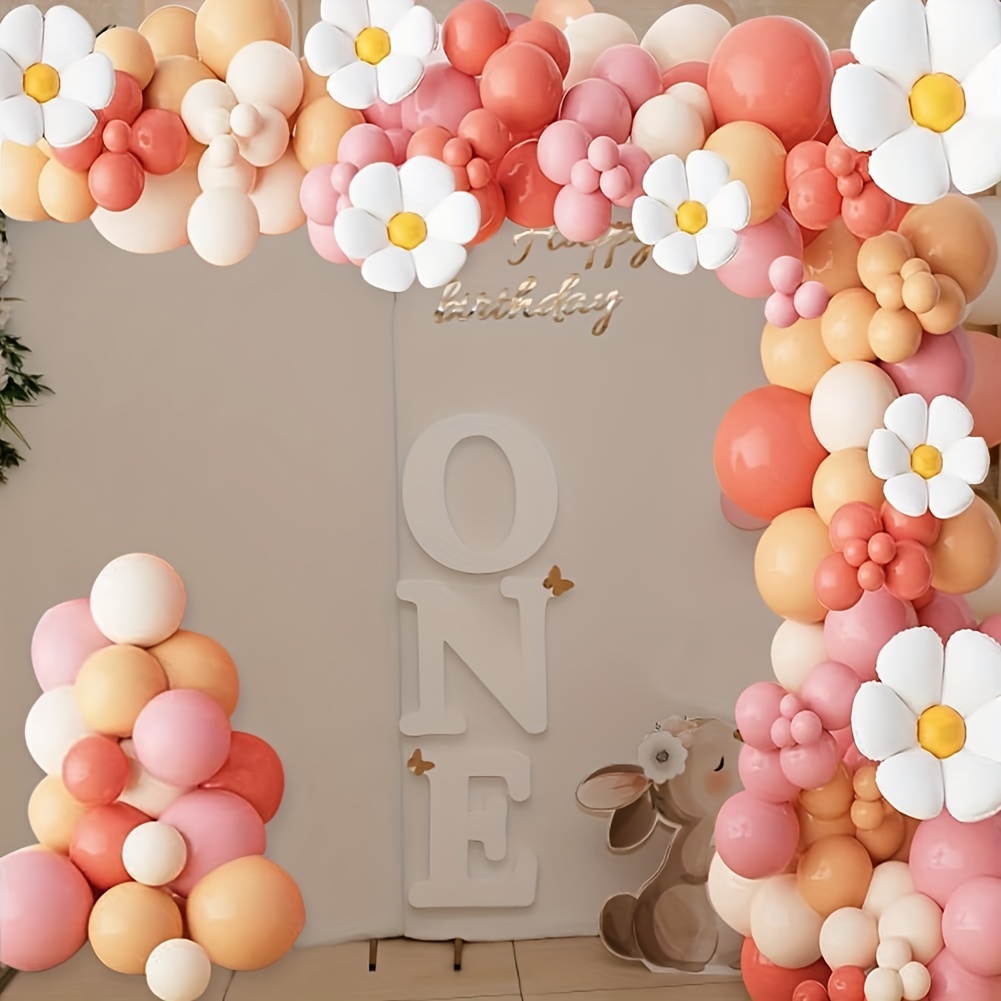 Dos decoraciones de cumpleaños geniales para niña, kit de arco de guirnalda  de globos de margarita, rosa y morado con fondo de fotografía Groovy
