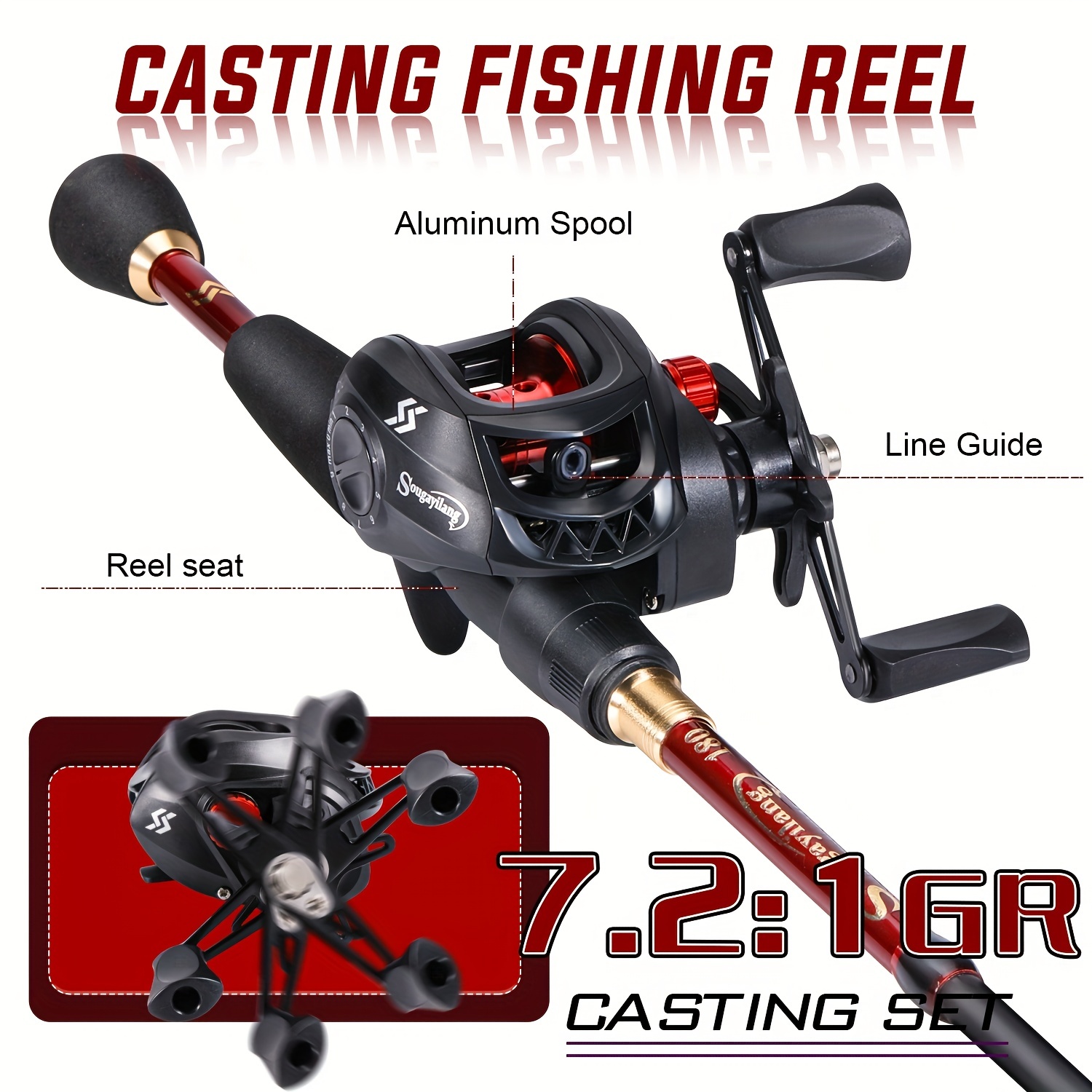 Sougayilang 4 Section Carbon Fiber Casting Rod and 17+1BB 7.2:1 High Speed  Baitcasting Reel Fishing Combo Portable for Travel