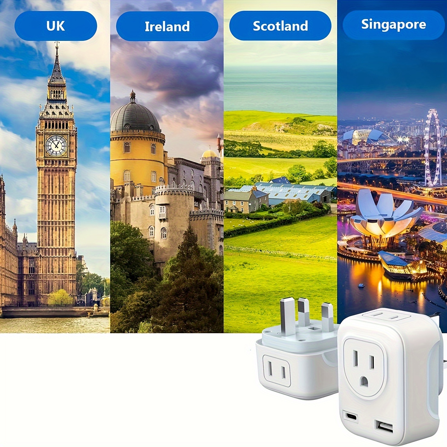Adaptateur de voyage au Royaume-Uni, adaptateur de prise US To UK / Irlande  / Hong Kong avec 2 USB et 1 prise électrique, Amérique vers l'Europe Irish  British England Scotland Travel