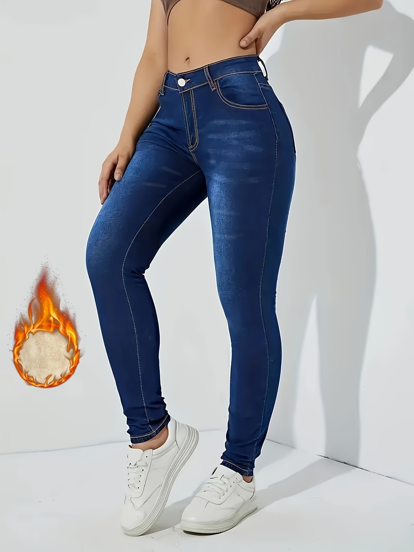 Solid High Waist Skinny Stacked Pants Casual Flap Pocket - Temu