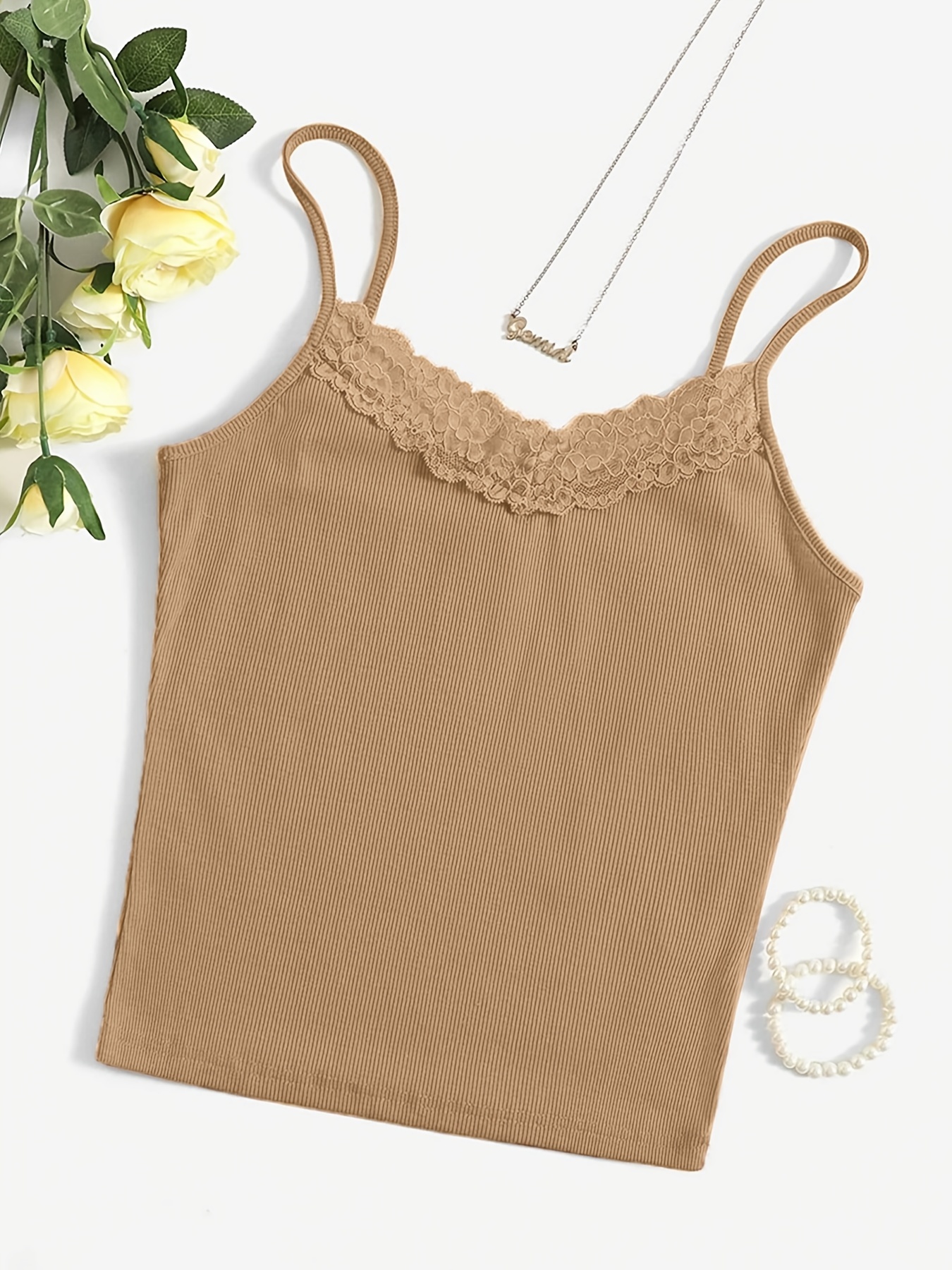 Women's V Neck Spaghetti Strap Cami Padded Crop Tank Top with