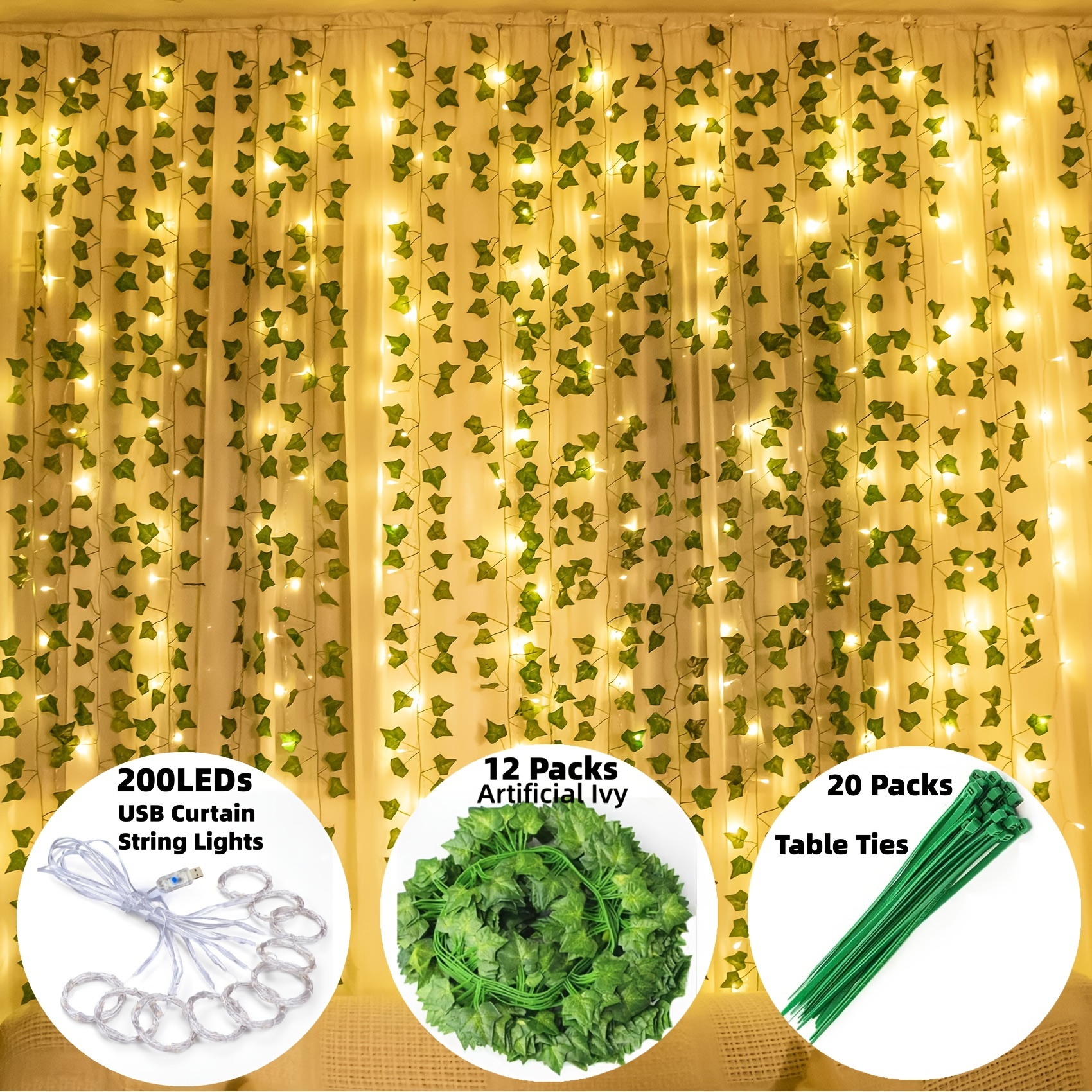 2 Pezzi Edera Finta ​per Balconi, 2M Artificiale Pianta con 20 Luci LED,  Foglia verde Ghirlanda luminosa per Giardino, Patio, Balcone, Finestra,  Parete Decorazione