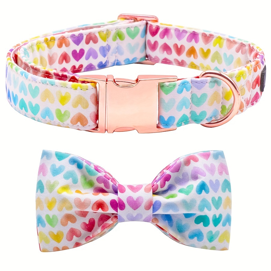 

1pc Cute Dog Collar With Love Heart Patten, Stylish Adjustable Dog Collar With Bowtie And Metal Buckle
