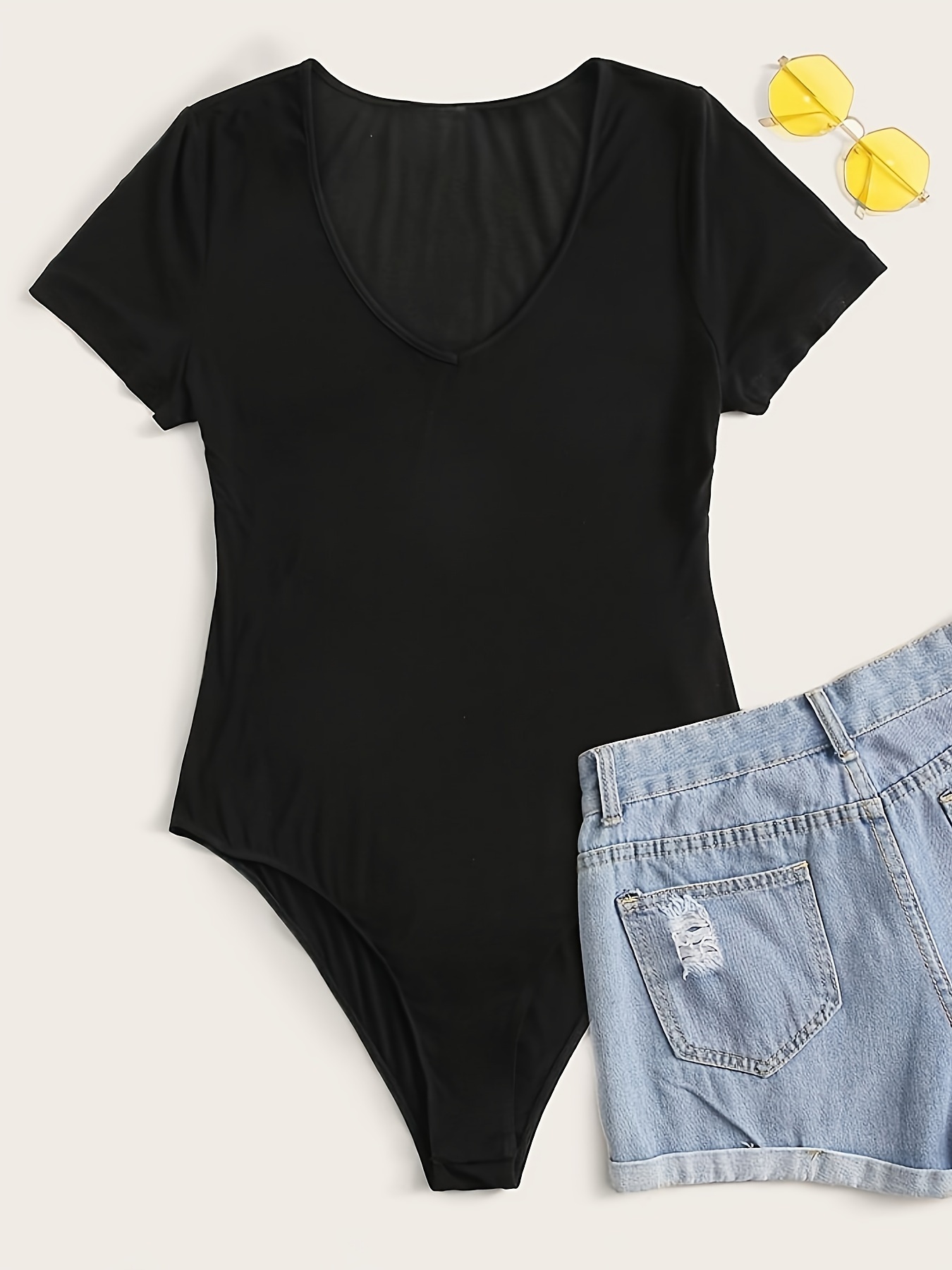 Women's Casual Bodysuit Plus Size Solid Short Sleeve V Neck - Temu