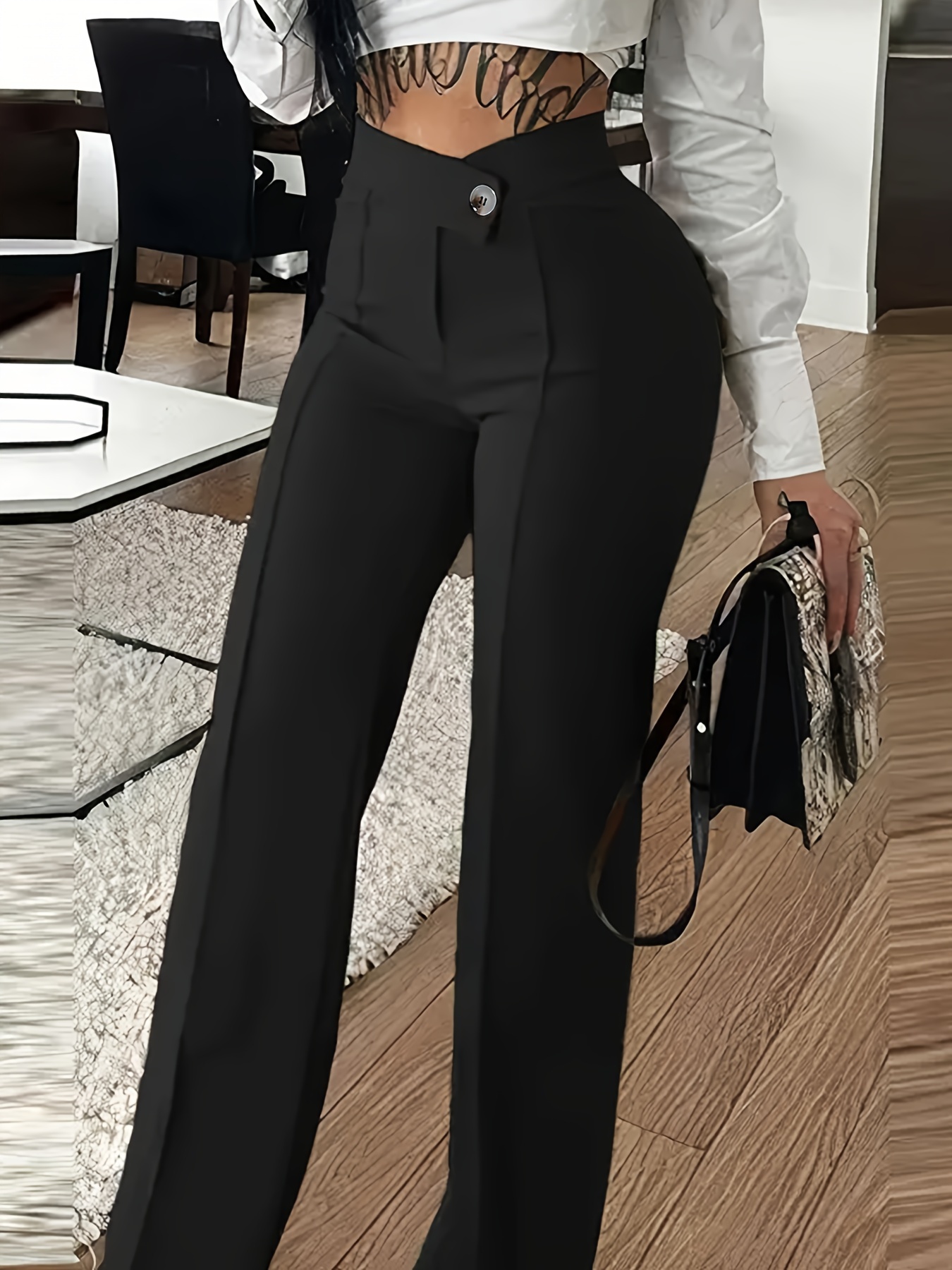 Pantalones sólidos con botones delanteros, elegantes pantalones largos de  pierna recta para el trabajo y la oficina, ropa de mujer