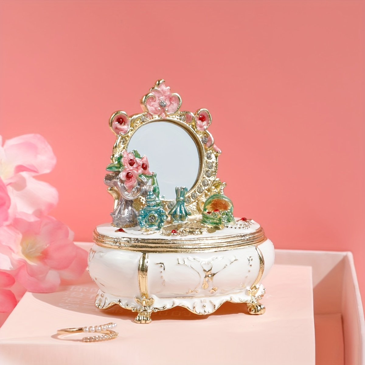 1pc Retro Dressing Table Jewelry Box Ring Necklace Box, Jewelry Storage Box  Desktop Ornament Decorative Box