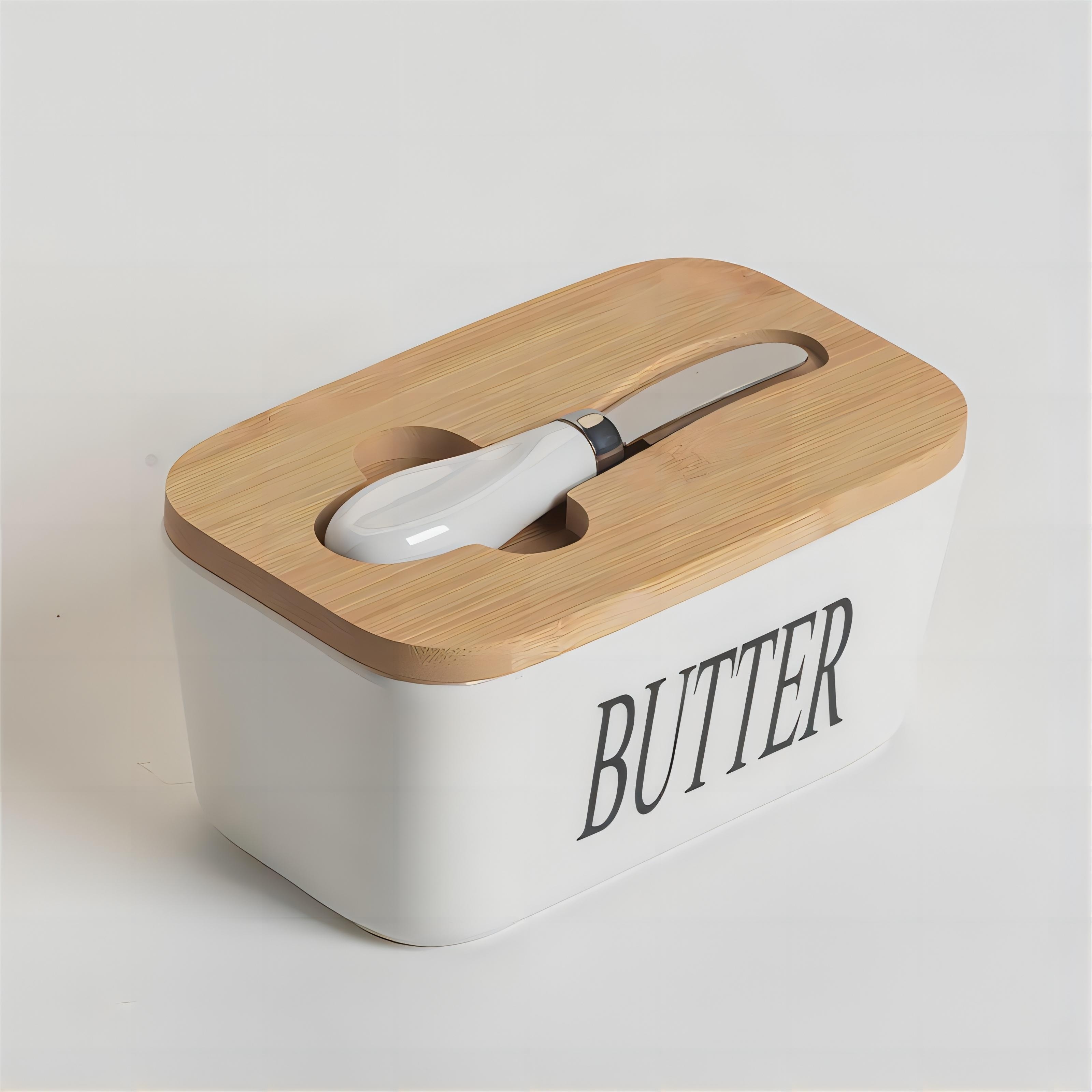1set Ceramic Butter Dish With Bamboo Lid And Knife, Large Butter