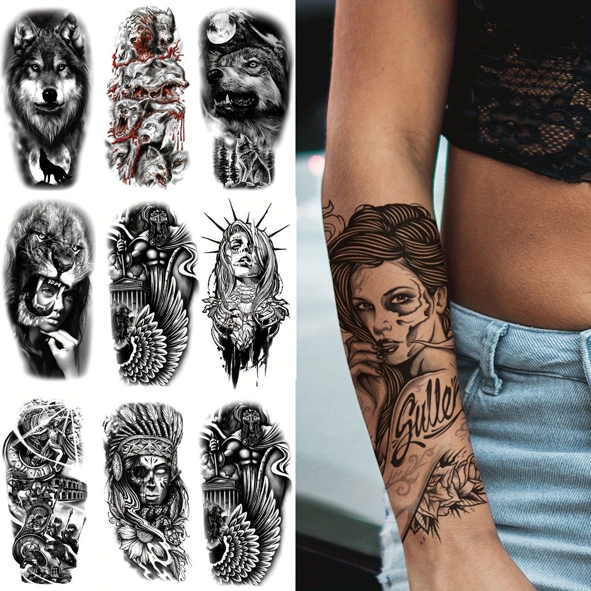 Tattoo Sticker Wolf Snake Army Tribe Bride Pattern Half Arm - Temu