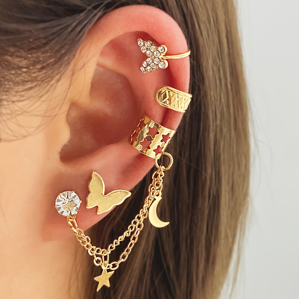 TEMU Conjunto de 4 Piezas de Exquisitos Clips de Oreja de con Brillantes Pedrería y Diseño de Estrella y Luna, Pendientes y Clips de Oreja para