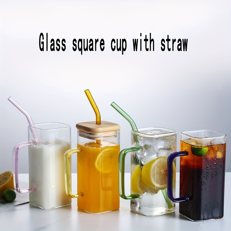 Glass Mug with Lid and Straw Iced Coffee Cup with Handle Square  Drinking Glasses Tumbler Cups for Smoothie Juice (Yellow): Glassware &  Drinkware