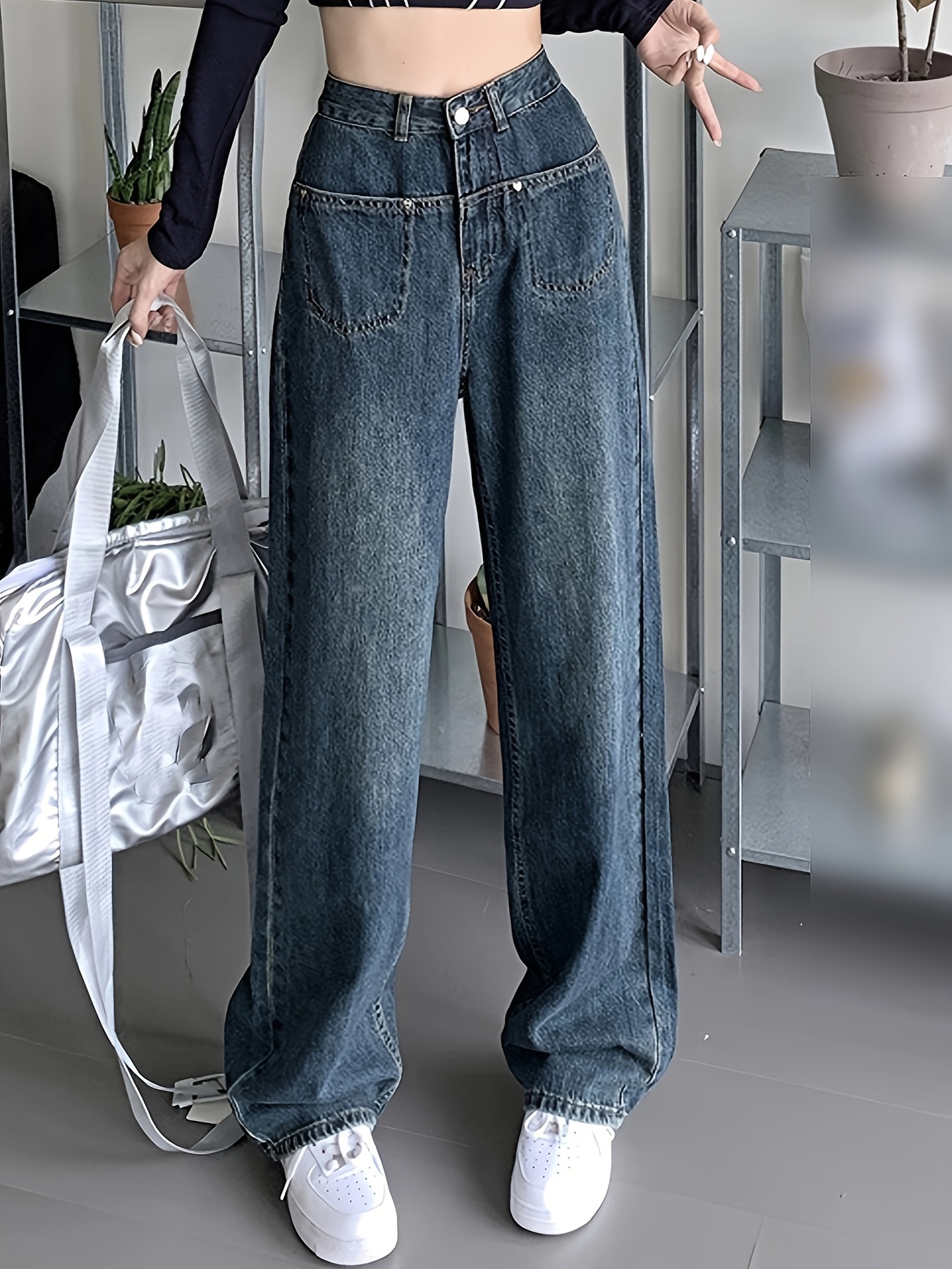 Jeans baggy vintage para mulheres, calças largas de cintura alta, calças  jeans elásticas, roupas casuais, grandes