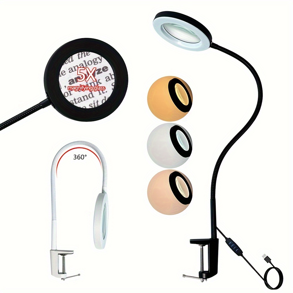 10x Magnifying Glass with Light, Real Glass Veemagni Desk Lamp with Clamp, 3 Color Modes Stepless Dimmable, Adjustable Gooseneck LED Lighted