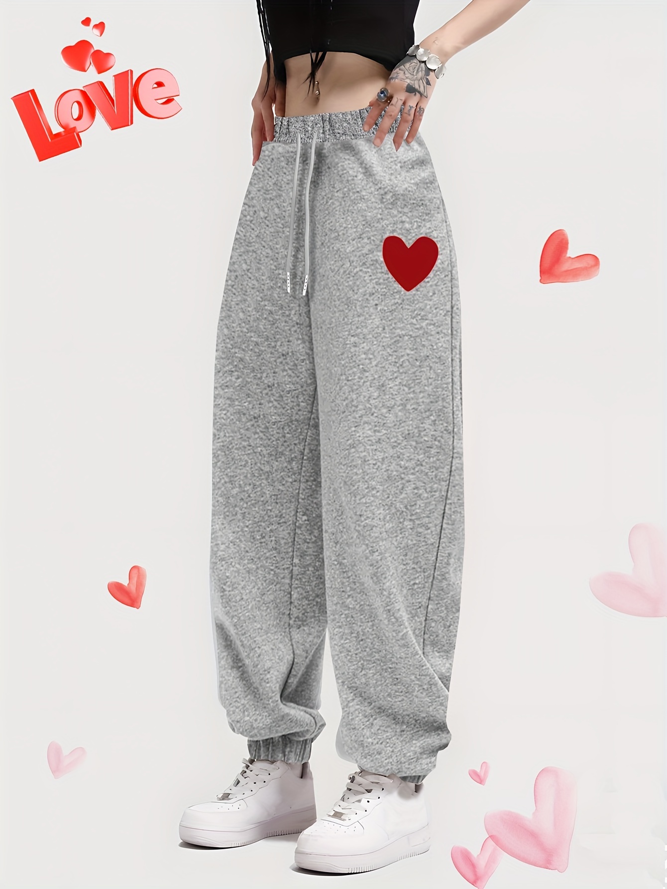 Girls Heart Print Jogger Pants Pocket Elastic Waist - Temu