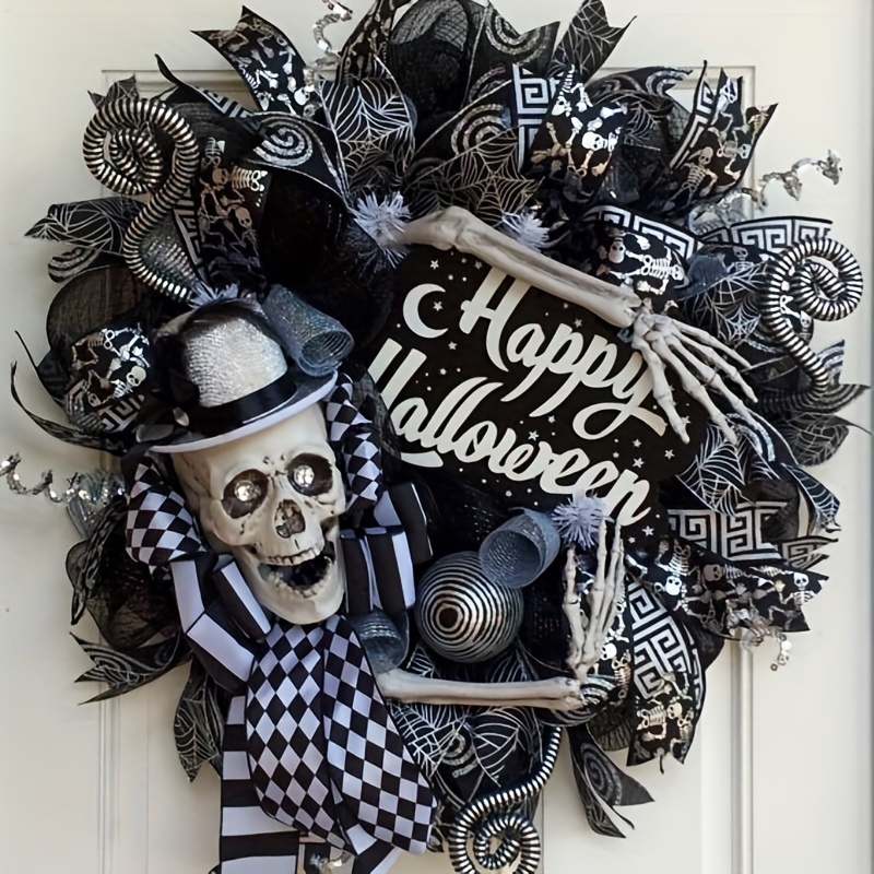 Halloween Wreath With Skull Hands & Maple Leaves – 43x43x5cm Black Orange Wreath, Front Door Decor, Skeleton Ornament