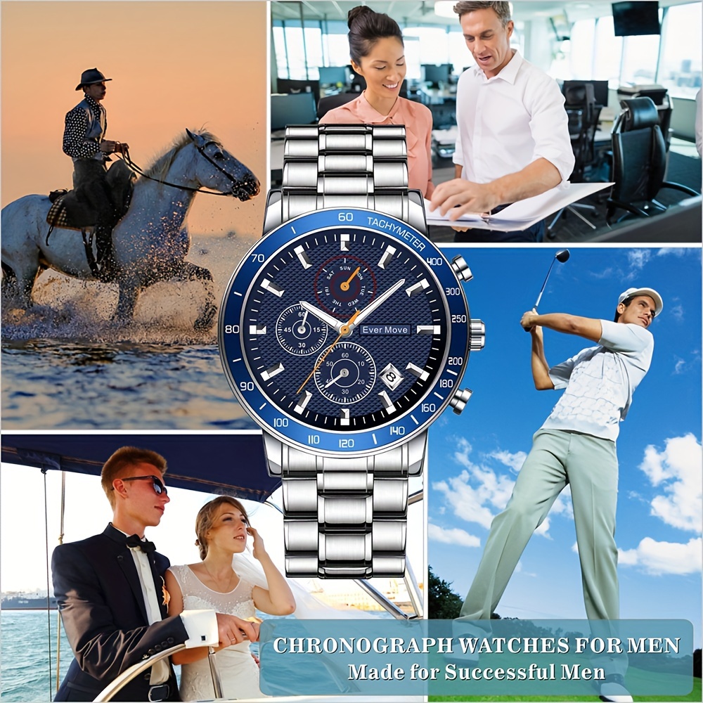Ever Move Men's Quartz Watches、Business Chronograph Dual Time防水