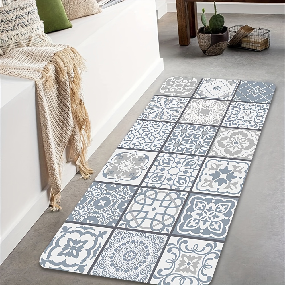 Kitchen Rug Mat Ethnic Boho Style Black White Non-Slip Absorbent Runner Rug  for Kitchen Floor, Entryway, Hallway and Dining Room, Machine Washable