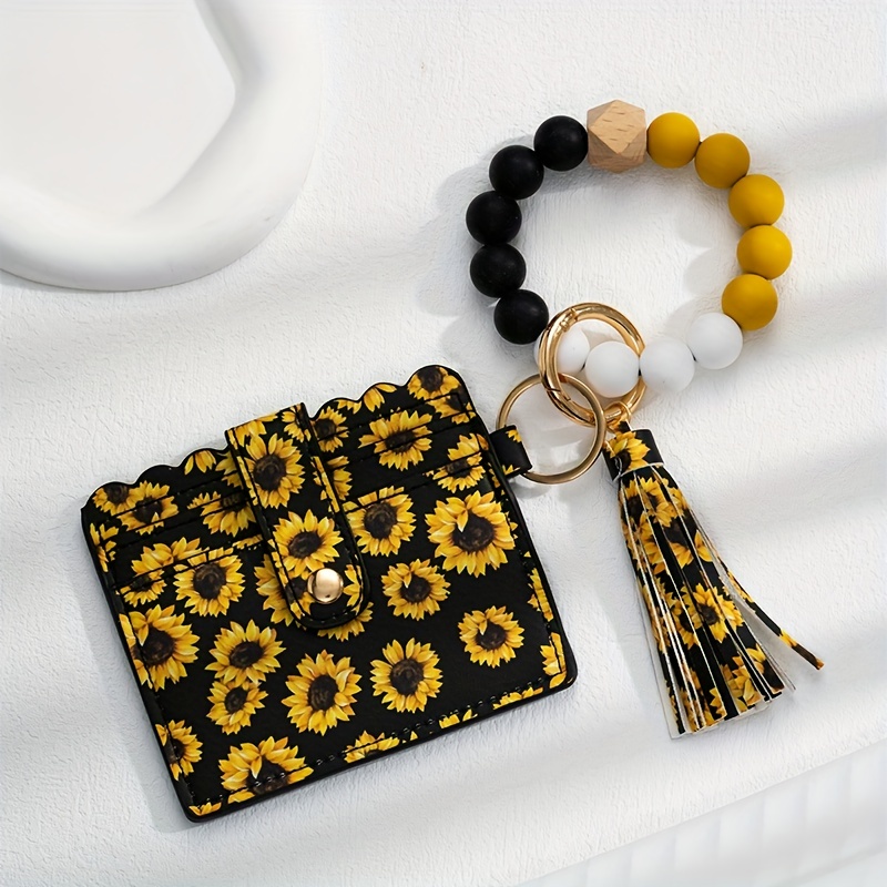 Silicone Beads Sunflower printing Wristlet Keychain Bracelet Keys