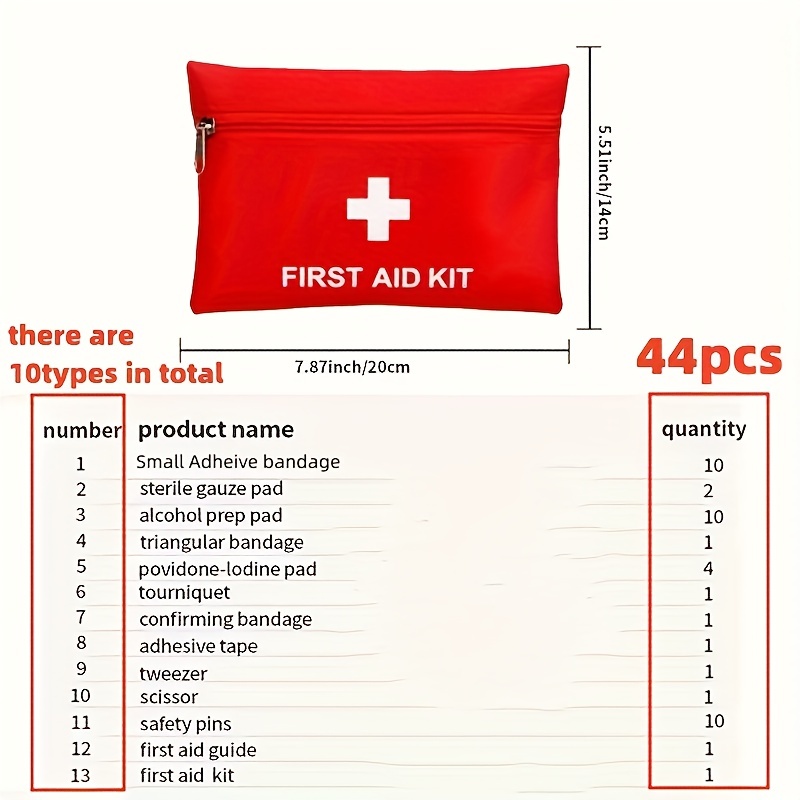 44-teiliges Erste-Hilfe-Set Für Auto, Reisen, Camping, Büro, Sport | Rote  Tasche, Ausgestattet Mit Notfall- Und Überlebensutensilien, Kleinem