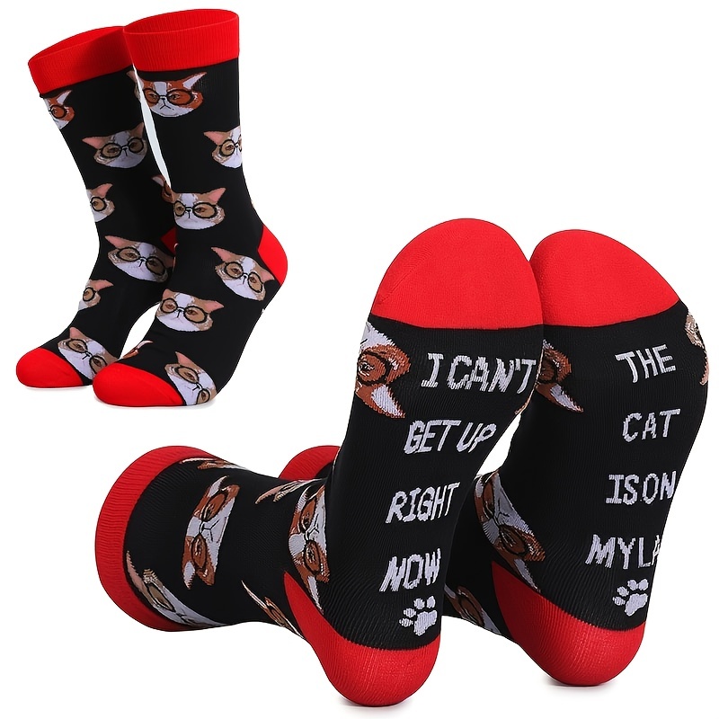 1pair Men Women Novelty Cat Socks with Letter Print