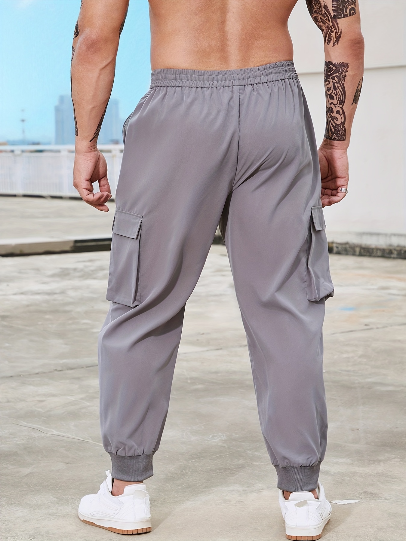 Plus Size Men's Elastic Waist Wide Leg Cargo Pants, Casual Loose  Multi-pocket Long Pants Street Hipster
