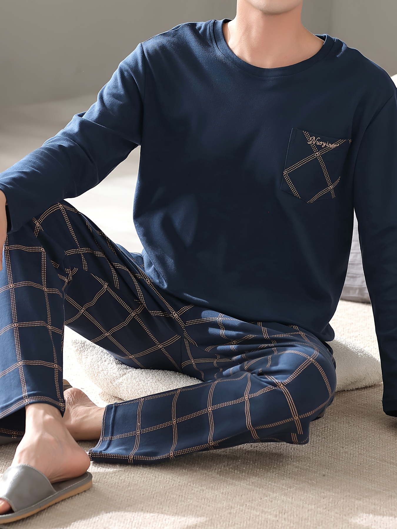 Men's Simple Style Cotton Casual Pajamas Thin Sets, Solid Long Sleeve Crew Neck With Chest Pocket Top & Loose Checkered Pants Lounge Wear, Outdoor Sets For Spring Autumn