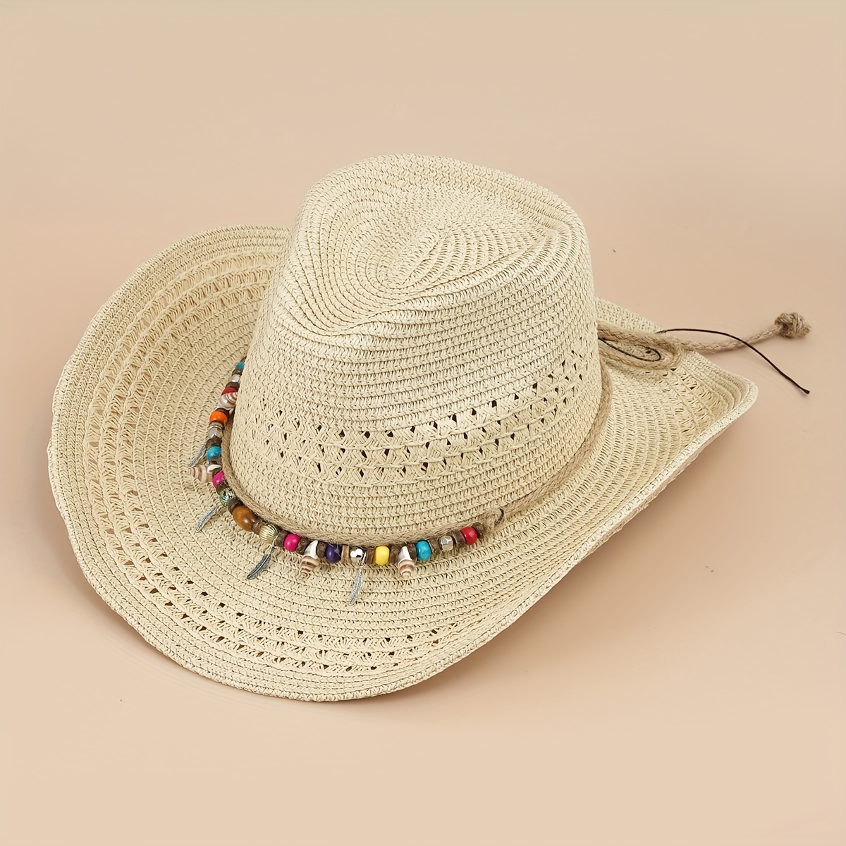 Boho Western Cowboy Straw Hat, Gardening Hat Outdoor Sunshade Beads Shell Chain Decor Jazz Fedora Unisex Vintage Travel Beach Hats For Women Men